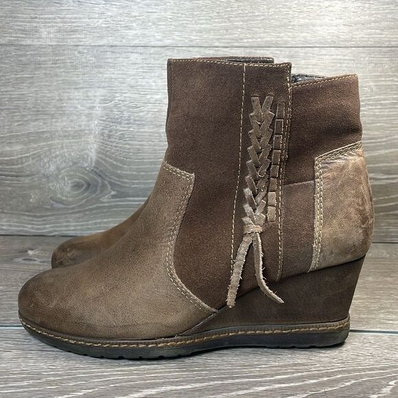 Earth Hilltopper Brown Leather Women’s Sz 8.5B Zip Braid Hidden Wedge Ankle Boot - Picture 3 of 12